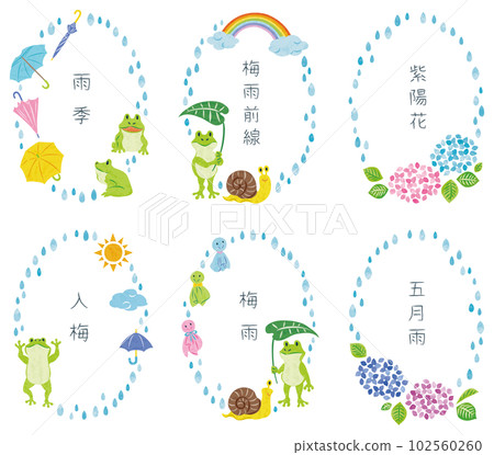 六月雨季青蛙和繡球花插畫素材立式圓框套裝 102560260