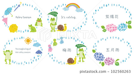 June rainy season frog and hydrangea illustration material horizontal round frame set 102560263