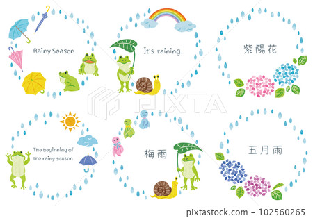 June rainy season frog and hydrangea illustration material round frame set 102560265