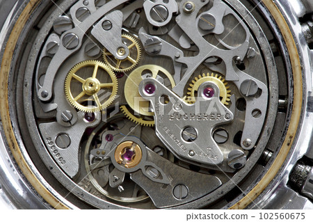 Intricate mechanism watch interior with open back of old watch 102560675