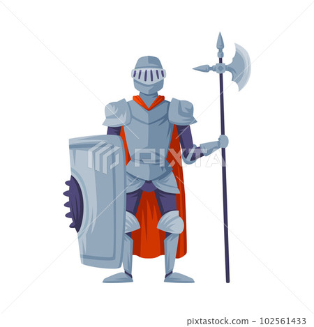 Medieval knight in full armour standing with shield and poleaxe, front view vector illustration Medieval knight in full armour standing with shield and poleaxe, front view vector illustration 102561433