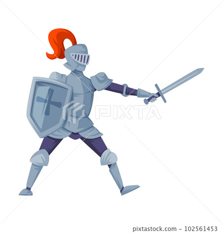 Medieval kingdom armored knight. Chevalier attacking with sword and shield vector illustration Medieval kingdom armored knight. Chevalier attacking with sword and shield vector illustration 102561453