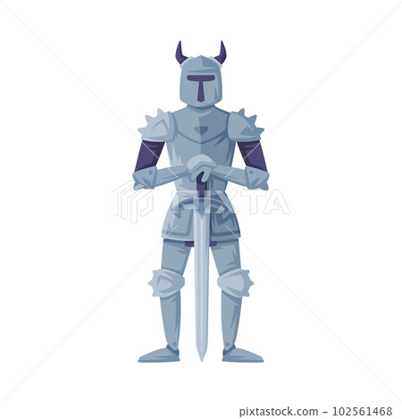 Medieval knight in full armour and horned helmet standing with sword vector illustration 102561468