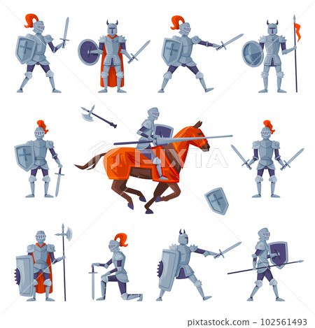 Medieval knights in full armour set. Ancient warriors with weapon vector illustration 102561493