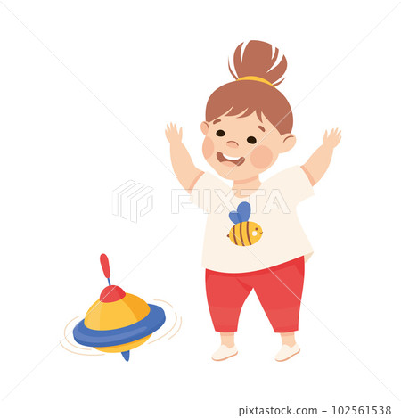 Happy preschool little girl playing whirligig humming toy cartoon vector illustration 102561538