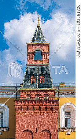 Nabatnaya tower, one corner of Kremlin wall near Red Square in Moscow, Russia, under blue sky in summer season 102561720