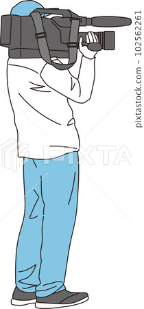 A camera crew man carrying a television camera 102562261