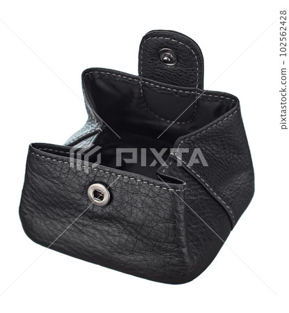 Classic coin holder made of genuine leather in black, open, inside view, highlighted on a white background. 102562428