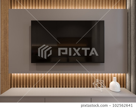 3D rendering  of  low cabinet with TV on grey wall 102562641