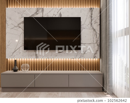 3D rendering  of  low cabinet with TV on white marble wall 102562642