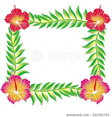 Square ornament of hibiscus and palm leaves | Frame, decorative ruled illustration 102562783