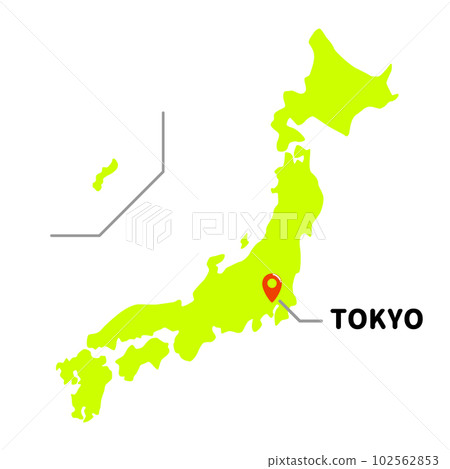 用地圖別針顯示東京在日本地圖中的位置的矢量圖。 102562853