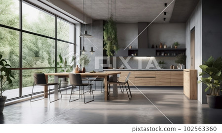 Spacious comfortable kitchen in white, gray and beige with large floor to ceiling windows. Dining table and chairs in the center. Modern kitchen style minimalism and loft. Spacious comfortable kitchen in white, gray and beige with large floor to ceiling windows. Dining table and chairs in the center. Modern kitchen style minimalism and loft. 102563360