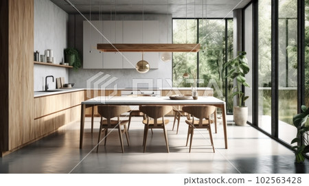 Large bright living room with a kitchen, marble elements, a large number of chairs, large windows, a view of the garden from the windows. 102563428