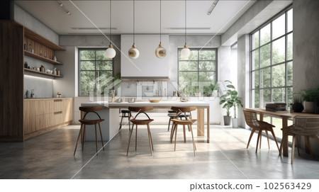 Spacious comfortable kitchen in white, gray and beige with large floor to ceiling windows. Dining table and chairs in the center. Modern kitchen style minimalism and loft. Spacious comfortable kitchen in white, gray and beige with large floor to ceiling windows. Dining table and chairs in the center. Modern kitchen style minimalism and loft. 102563429
