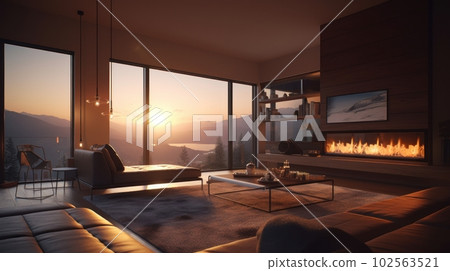 Living room in a minimalist style with a soft leather couch, a coffee table, a bio-fireplace and a large TV on the wall. Large windows overlooking spectacular sunset sky. 102563521