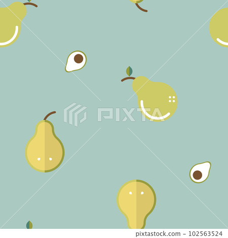 seamless minimal cute, sweet, pastel nature fruit green and yellow pear and sliced avocado with seed repeat pattern in blue background, flat jpg illustration design transparent element design 102563524