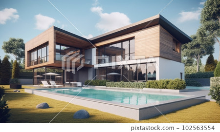 Modern stylish home with a minimalistic design, a spacious terrace and a swimming pool in the foreground. Modern minimalistic architecture. 102563554