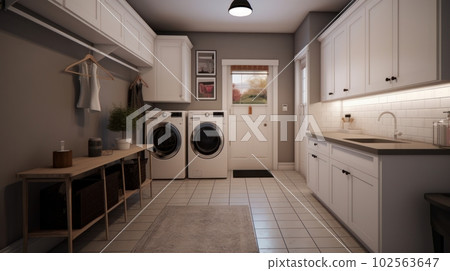 Spacious laundry room in a contemporary home with a combination of wood and tile finishes. Washer and dryer, sink and many cabinets. Spacious laundry room in a contemporary home with a combination of wood and tile finishes. Washer and dryer, sink and many cabinets. 102563647