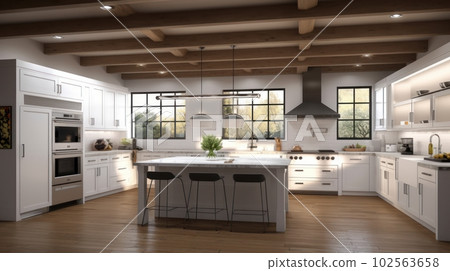 Modern stylish white kitchen in a spacious wooden house with large windows. Kitchen island with counter and bar stools. Modern stylish white kitchen in a spacious wooden house with large windows. Kitchen island with counter and bar stools. 102563658