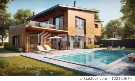 Modern stylish home with a minimalistic design, a spacious terrace and a swimming pool in the foreground. Modern minimalistic architecture. Modern stylish home with a minimalistic design, a spacious terrace and a swimming pool in the foreground. Modern minimalistic architecture. 102563674
