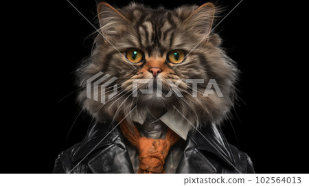 A stylish black-suited cat poses on a black background. AI Generated. A stylish black-suited cat poses on a black background. AI Generated. 102564013