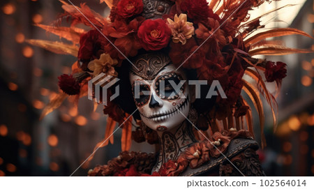 A portrait of a woman is shown celebrating the Day of the Dead, with traditional makeup and attire including skull face paint and a floral headdress AI generated. A portrait of a woman is shown celebrating the Day of the Dead, with traditional makeup and attire including skull face paint and a floral headdress AI generated. 102564014