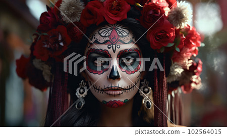 A portrait of a woman is shown with her face painted in the style of a calavera, a traditional symbol of the Day of the Dead holiday. AI generated. A portrait of a woman is shown with her face painted in the style of a calavera, a traditional symbol of the Day of the Dead holiday. AI generated. 102564015