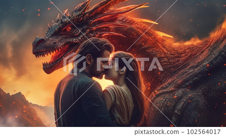 A man and a woman in love stand in a fantasy world with a dragon in the background. They gaze into each other's eyes, captivated by their affection AI generated. A man and a woman in love stand in a fantasy world with a dragon in the background. They gaze into each other's eyes, captivated by their affection AI generated. 102564017