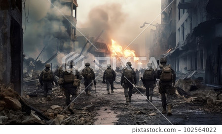 A group of military personnel walks through a destroyed city, wearing camouflage uniforms. The scene depicts a post-apocalyptic world where war has ravaged the urban landscape AI generated. 102564022