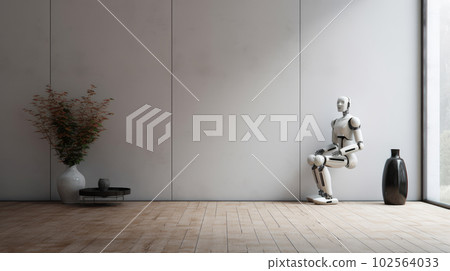 A modern robot is siting in front of a gray wall with minimalist design AI generated A modern robot is siting in front of a gray wall with minimalist design AI generated 102564033