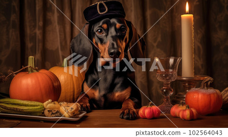 A dachshund in a hat sits at a table with candles, pumpkins, and Halloween decorations, celebrating the holiday. AI Generated. 102564043