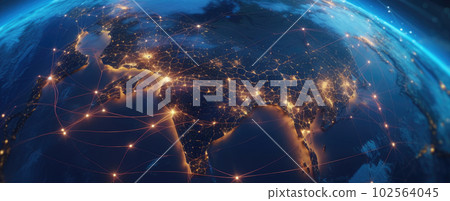 A graphic representation of Earth's interconnectedness, depicting a network of nodes and lines connecting different regions and continents AI generated 102564045