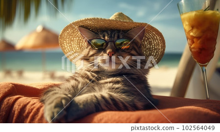 A cool cat wearing a straw hat and glasses is relaxing on a hammock on the beach with a refreshing cocktail by its side. AI Generated 102564049