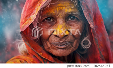 portrait of serious senior woman at holi festival AI generated 102564051
