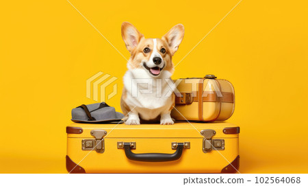 A corgi sits on suitcases on a yellow background, getting ready for a journey AI Generated. 102564068