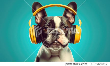 A French bulldog wearing headphones enjoys music on a blue background AI Generated. 102564087