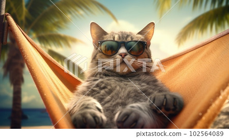 A cool cat wearing glasses is relaxing on a hammock on the beach, AI Generated. A cool cat wearing glasses is relaxing on a hammock on the beach, AI Generated. 102564089
