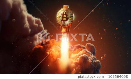 Bitcoin, a cryptocurrency, blasts off on a rocket into space towards the moon, symbolizing its potential for explosive growth and value. AI Generated. 102564098