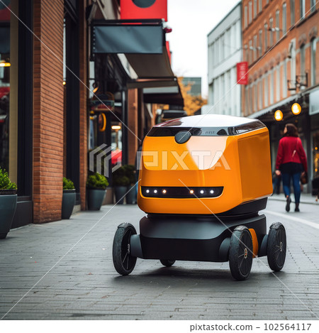 A robot delivering food rides around the city, highlighting the advancements in autonomous delivery technology and its potential to revolutionize the food industry. AI Generated. A robot delivering food rides around the city, highlighting the advancements in autonomous delivery technology and its potential to revolutionize the food industry. AI Generated. 102564117