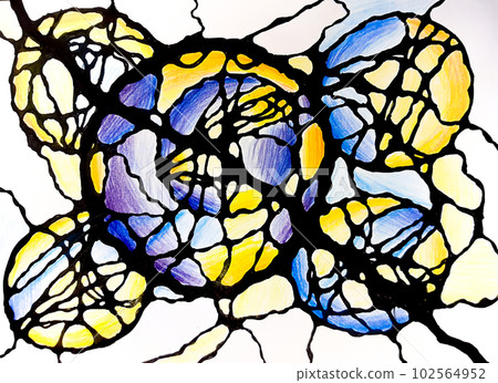 Neurographic drawing, relaxation for body and brain. Mental health of soul and body, neurolines, neural connections. psychological technique, psychology. Black marker pen on a multicolored drawing. 102564952