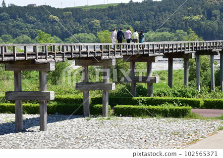 Shimada City Horai Bridge over the Oi River and tourists 102565371