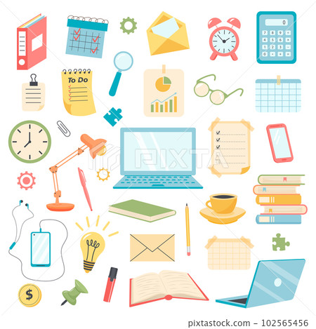 Office items set. Business flat icons. Flat vector illustration. Office items set. Business flat icons. Flat vector illustration. 102565456