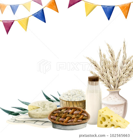 Happy Shavuot watercolor festive greeting card template with flags, apple pie, cheese. Square illustration 102565663