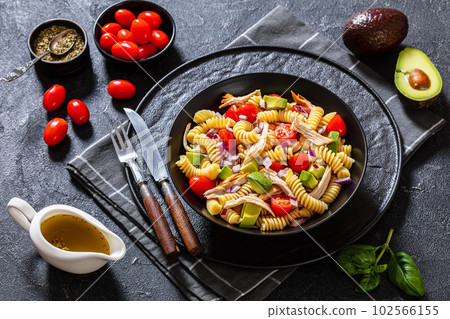 Chicken Pasta Salad with Avocado, Tomato in bowl Chicken Pasta Salad with Avocado, Tomato in bowl 102566155