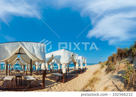 Morning sandy beach, Pescoluse, Puglia, Italy Morning sandy beach, Pescoluse, Puglia, Italy 102566232
