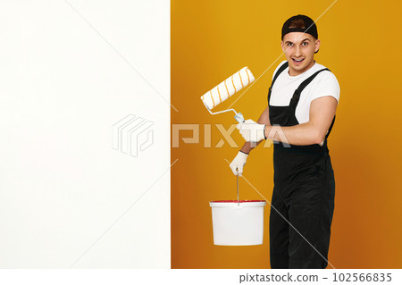 young man in working clothes painting white walls 102566835
