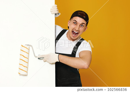 young man in working clothes painting white walls 102566836