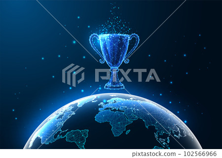 Global achievement, success through innovation, cutting-edge technology concept. World map, trophy 102566966