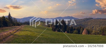 Summer mountainous green meadow with stackes of hay (Slavske village, Carpathian Mts, Ukraine). Summer mountainous green meadow with stackes of hay (Slavske village, Carpathian Mts, Ukraine). 102567008